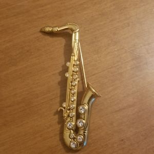 Vintage Swarovski Crystal, Gold toned Saxophone brooch